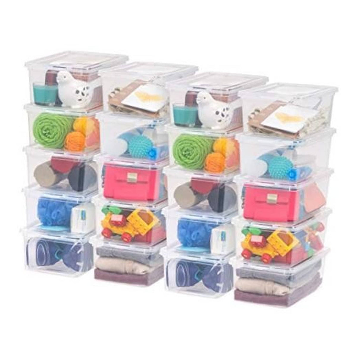 Clear stackable storage bins with snap-tight lids, holding assorted small items