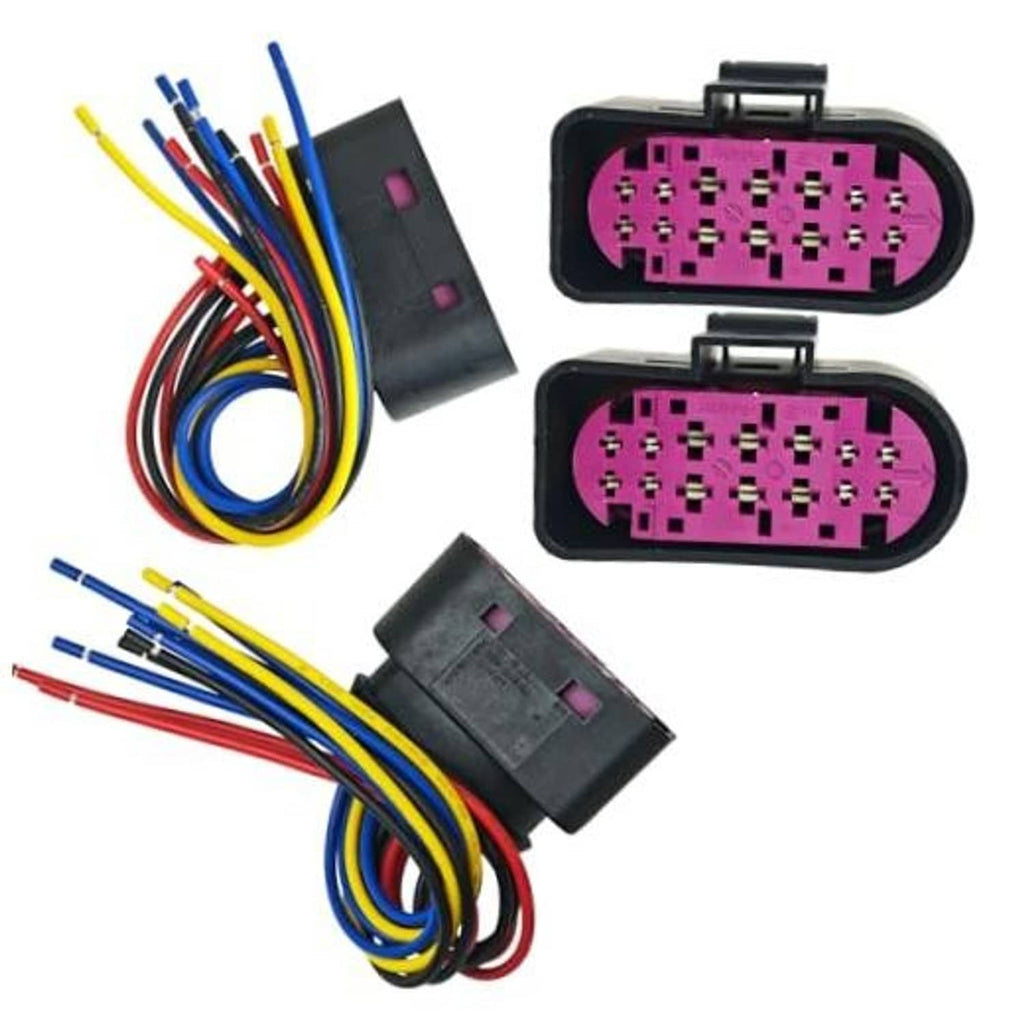 Headlight connector harness pigtail with black housing, purple multi-pin plug, and multicolor wires