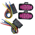 Headlight connector harness pigtail with black housing, purple multi-pin plug, and multicolor wires