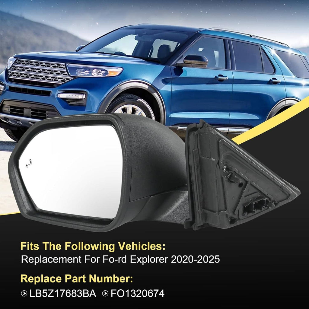 Left replacement door mirror, black housing with power-fold and heated glass