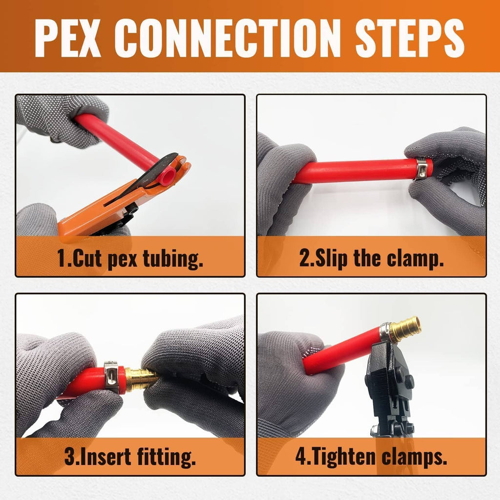 PEX connection steps graphic showing cutting and installing a PEX tee fitting
