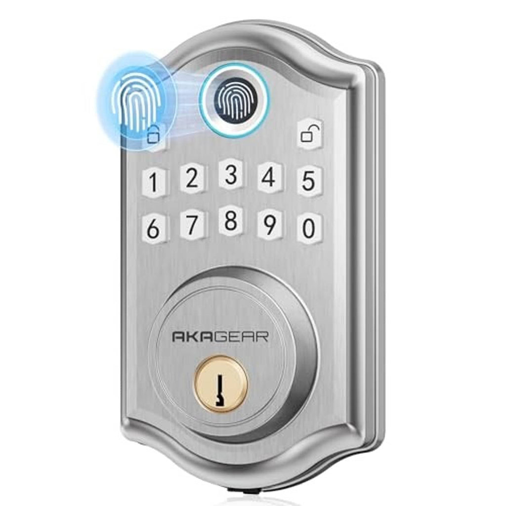 Satin nickel keyless door lock with numeric keypad and fingerprint reader