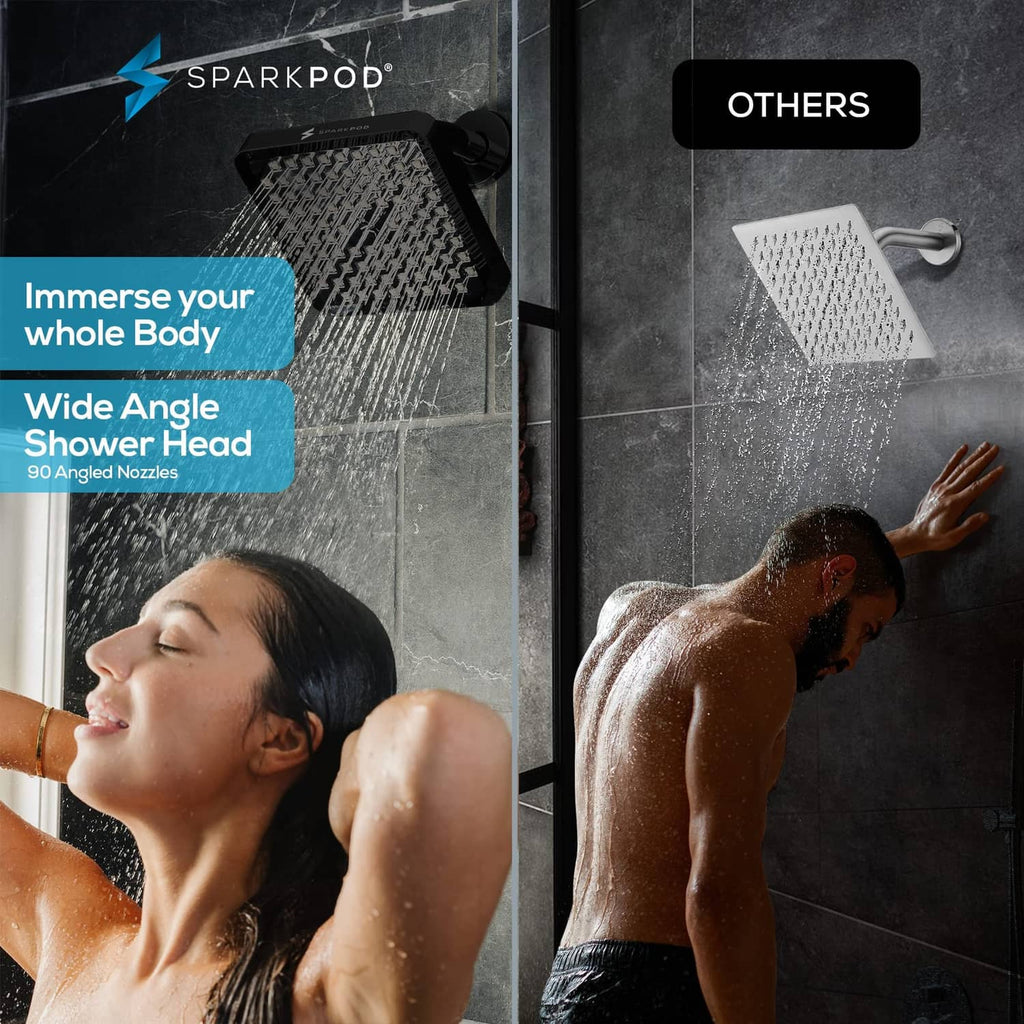 Matte black 8-inch square rain shower head with wide-angle spray over body