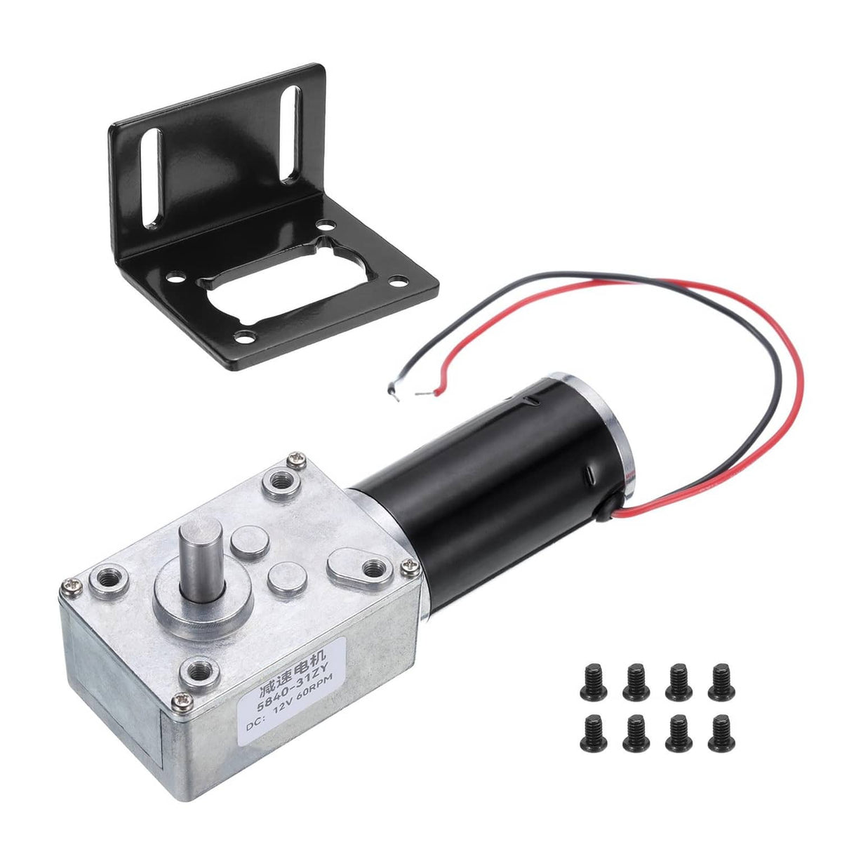 DC geared worm motor with mounting bracket, black body, red/black leads and screws