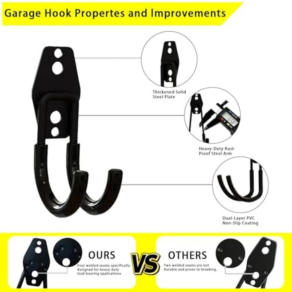 Black garage hook with dual-layer PVC anti-slip coating and thick steel plate detail