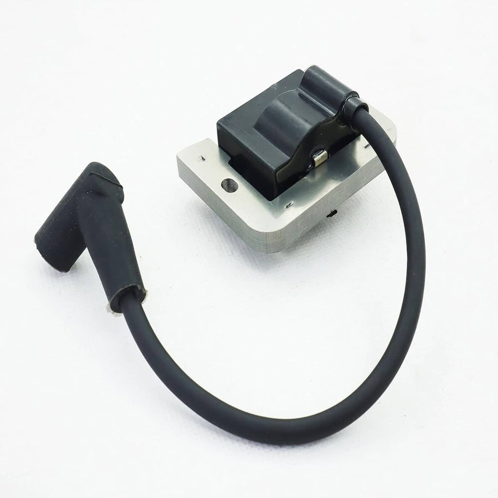 Ignition module with black coil housing, wire boot and gray mounting bracket, angled