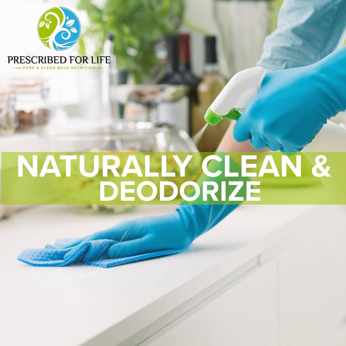 Baking soda cleaning concept with gloved hand wiping a countertop