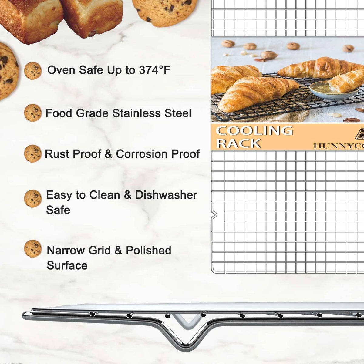 Silver stainless cooling rack with narrow grid and polished wire surface