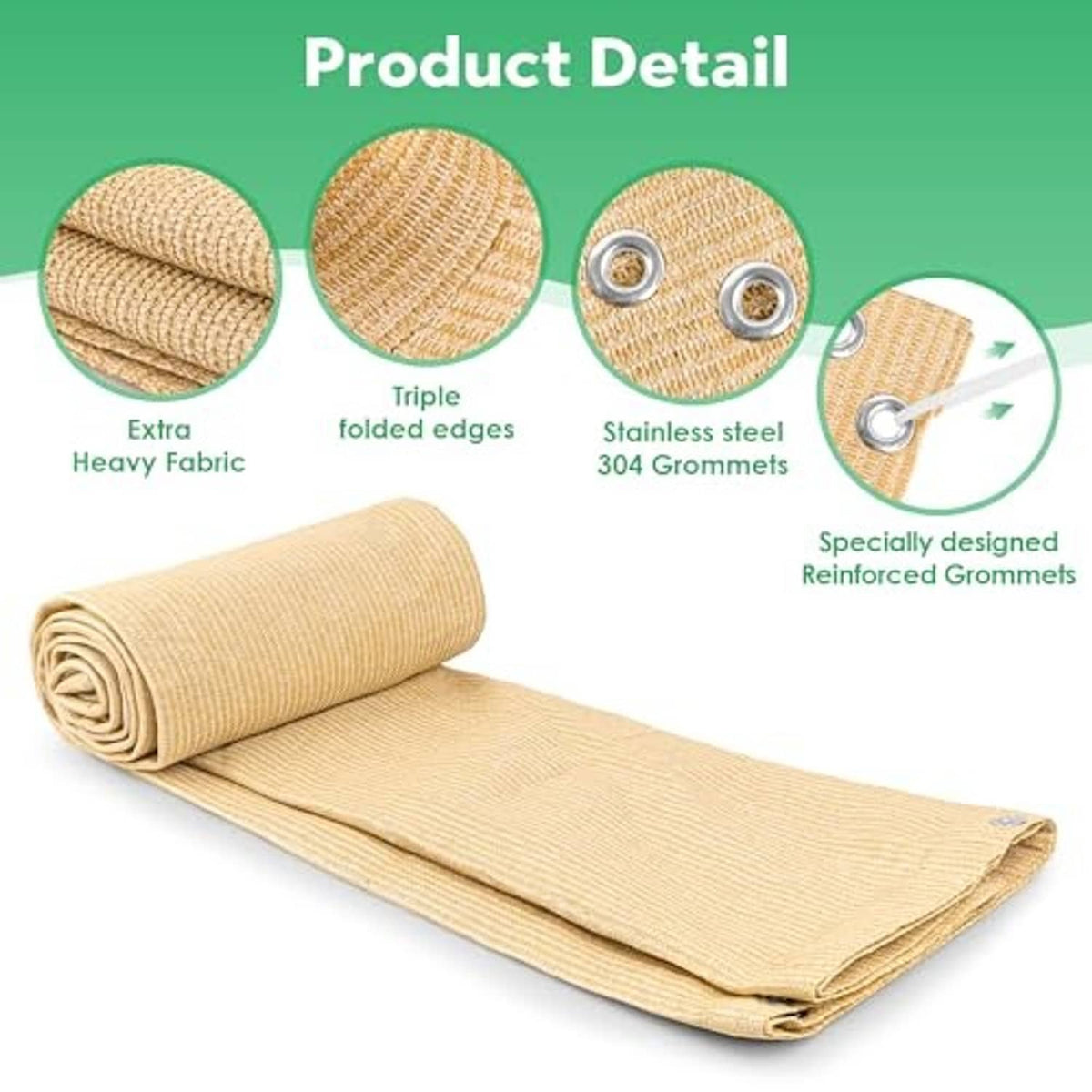 Desert sand shade cloth rolled and flat, showing triple-folded edges and reinforced grommets.