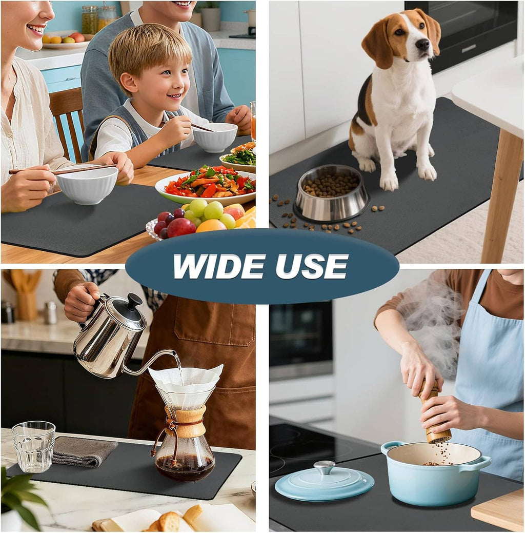 Black drying mat in use for dining, pets, and coffee prep areas