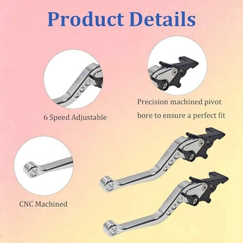 Silver motorcycle levers with CNC-machined grooves and black pivot covers