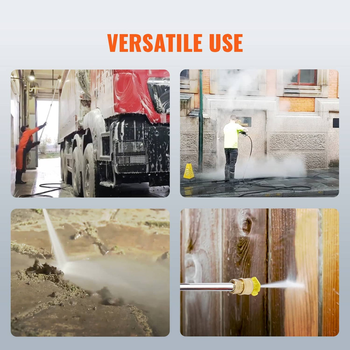 Gas pressure washer cleaning surface with high-pressure water spray