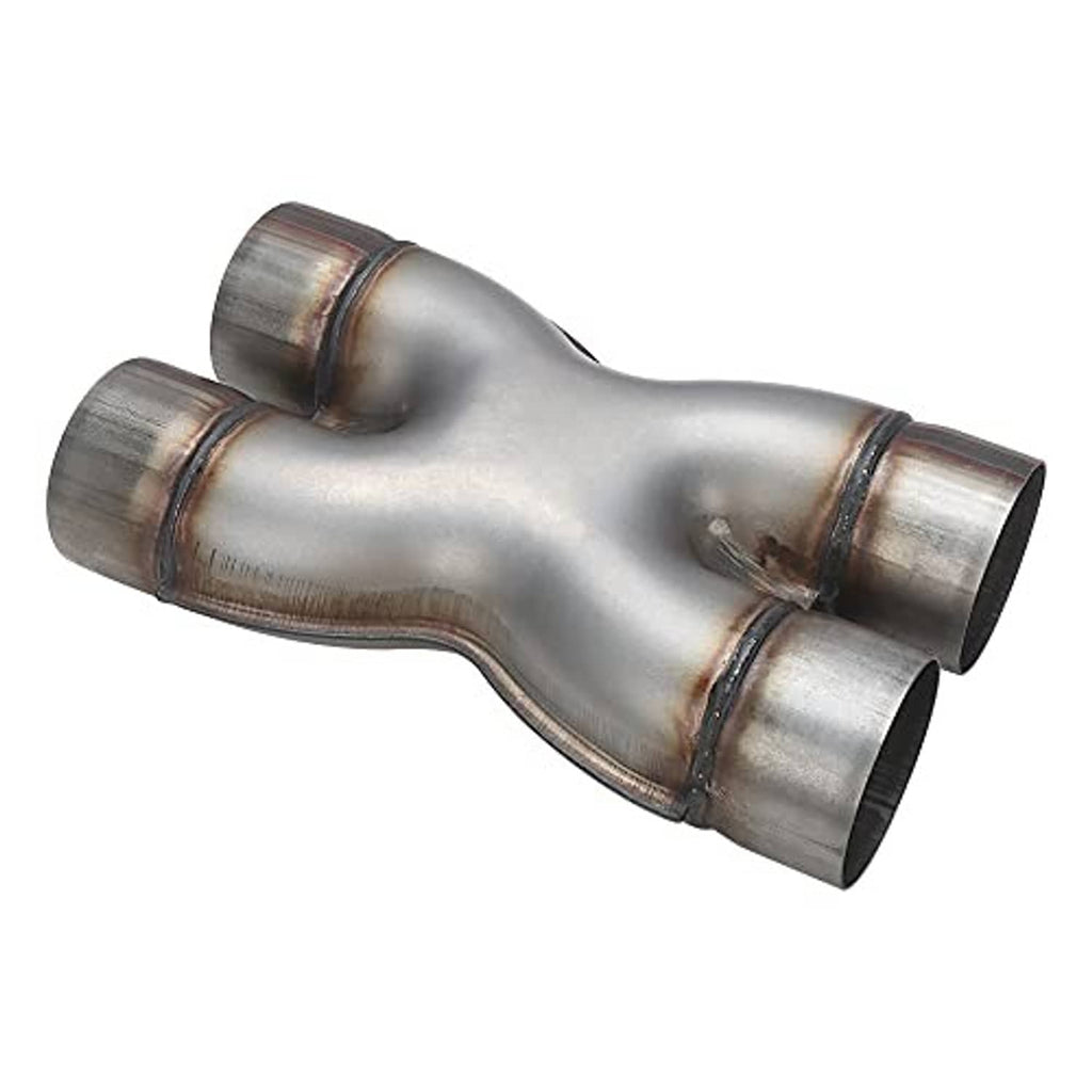 Stainless steel dual exhaust pipe with two flanged inlet/outlet ends and weld seams