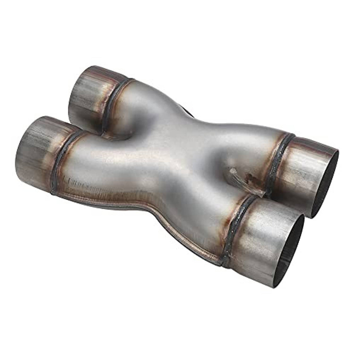 Stainless steel dual exhaust pipe with two flanged inlet/outlet ends and weld seams