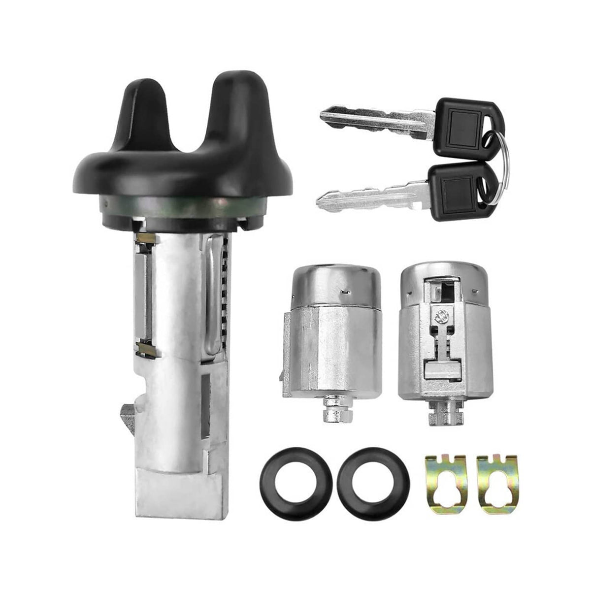 Ignition switch and door lock cylinder set with keys, rings, and mounting clips