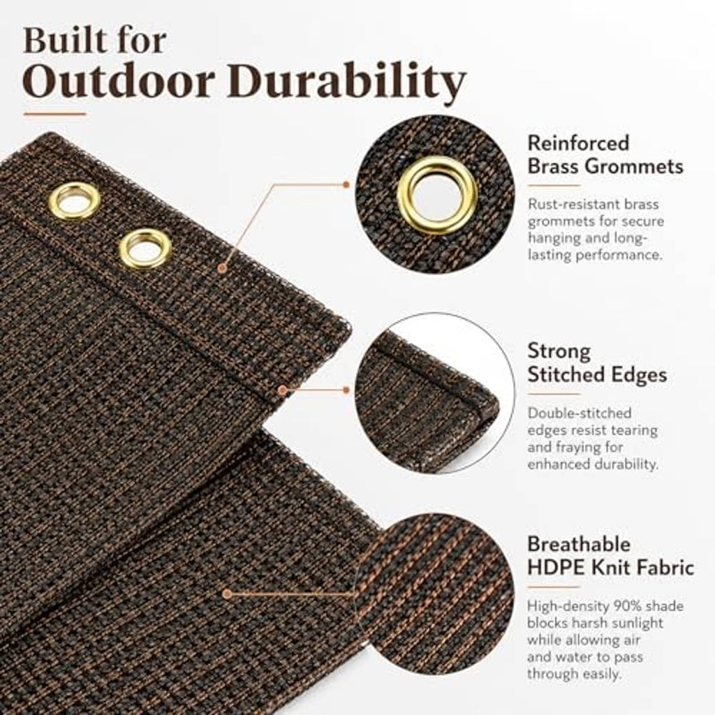 Mocha sun shade cloth corner with brass grommets and double-stitched reinforced edges