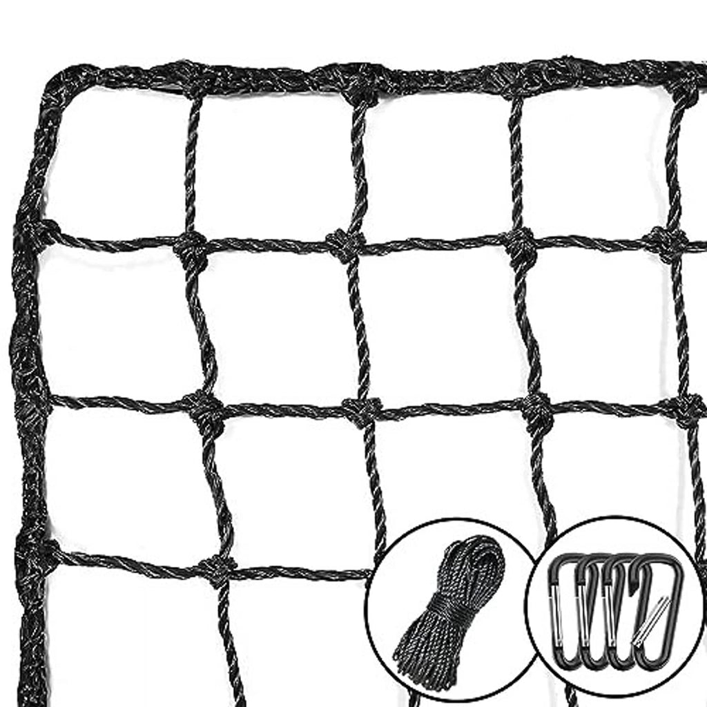 Black backstop sports net with square mesh, rope border, bundled tie cord and metal rings