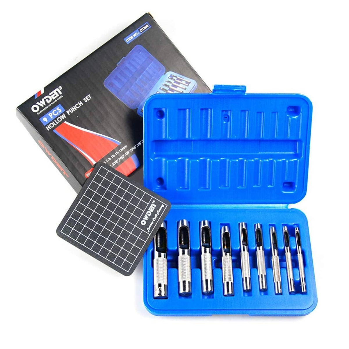 9-piece hollow punch set with blue plastic case and silver metal punches