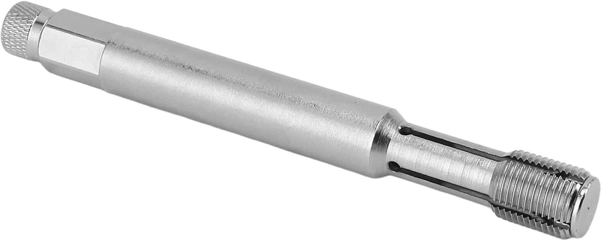 Silver metal back tap thread repair tool close-up with knurled grip and threads