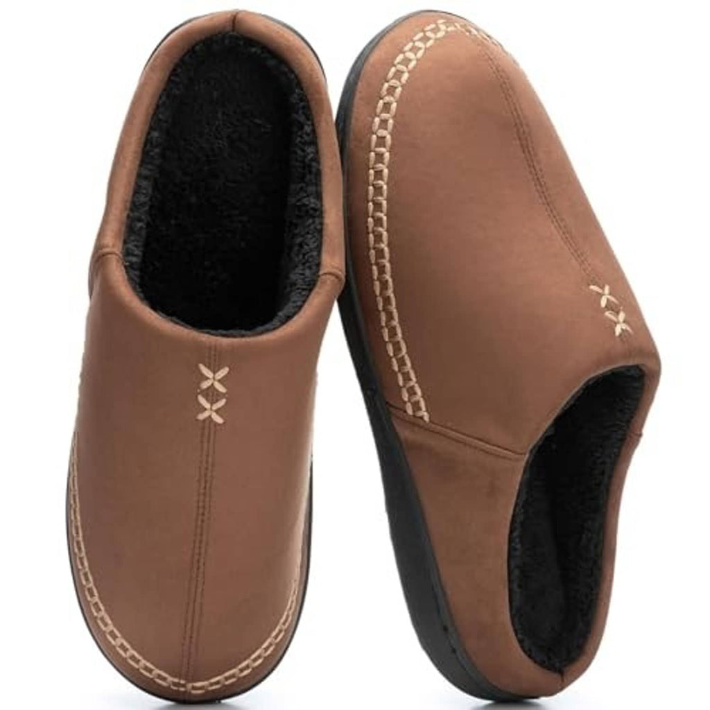 Coffee-brown slip-on moccasin slippers with black lining, decorative side embroidery, and seam stitching