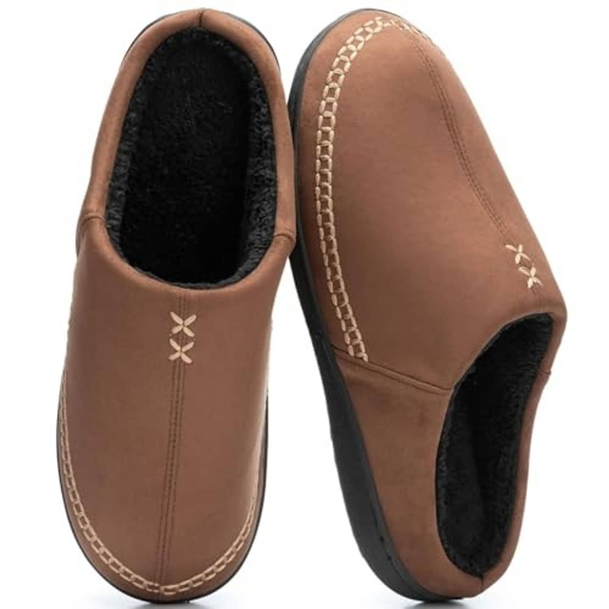 Coffee-brown slip-on moccasin slippers with black lining, decorative side embroidery, and seam stitching