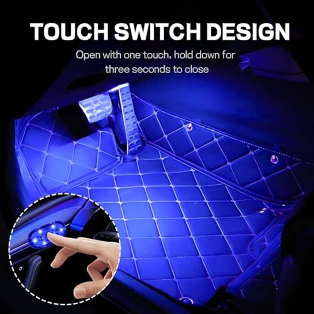 Blue glowing LED car interior light panel with touch switch area detail