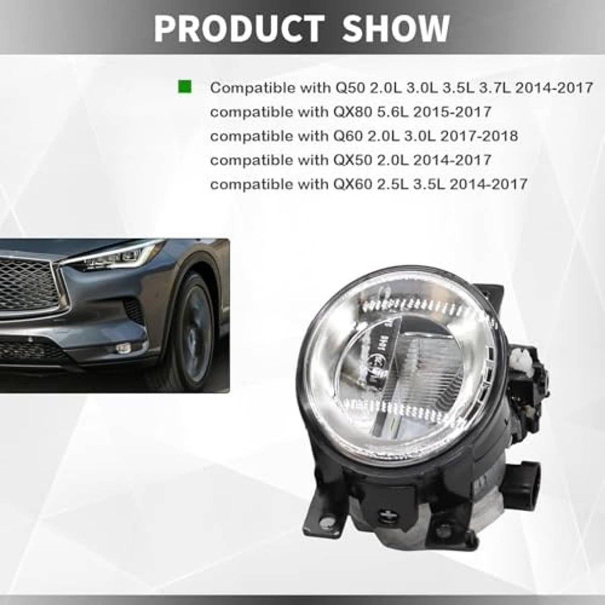 Single round fog light with clear lens and black housing, side wiring connector