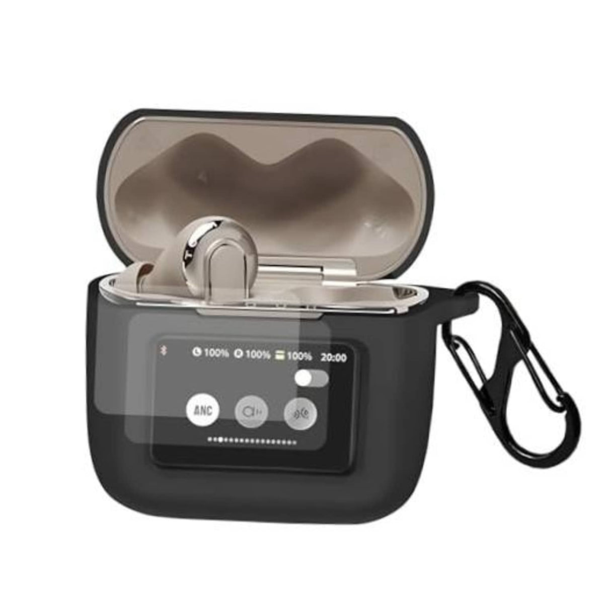 Black soft silicone earbuds charging case with clear PET screen cover and strap loop