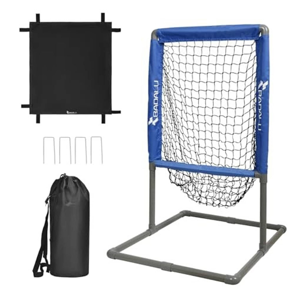 2-in-1 pitching strike zone net kit with blue mesh target, black panel, gray stand
