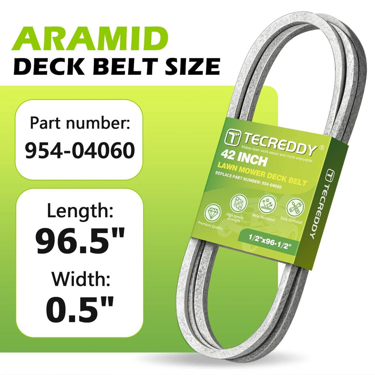 Mower deck belt with TECREDDY label showing 96.5 in length and 0.5 in width