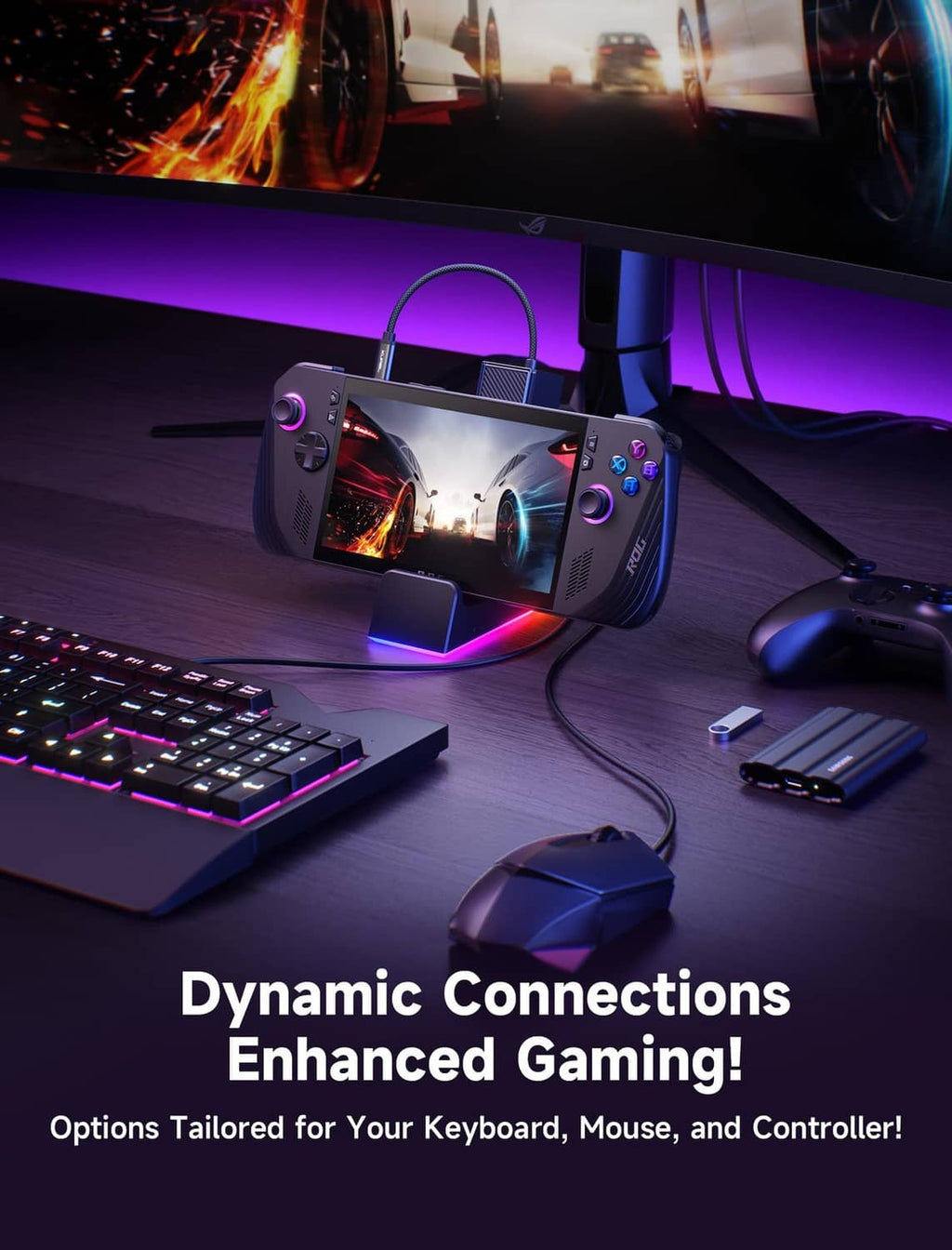 Gaming handheld dock with dual cooling fans, RGB light base, and connected cables