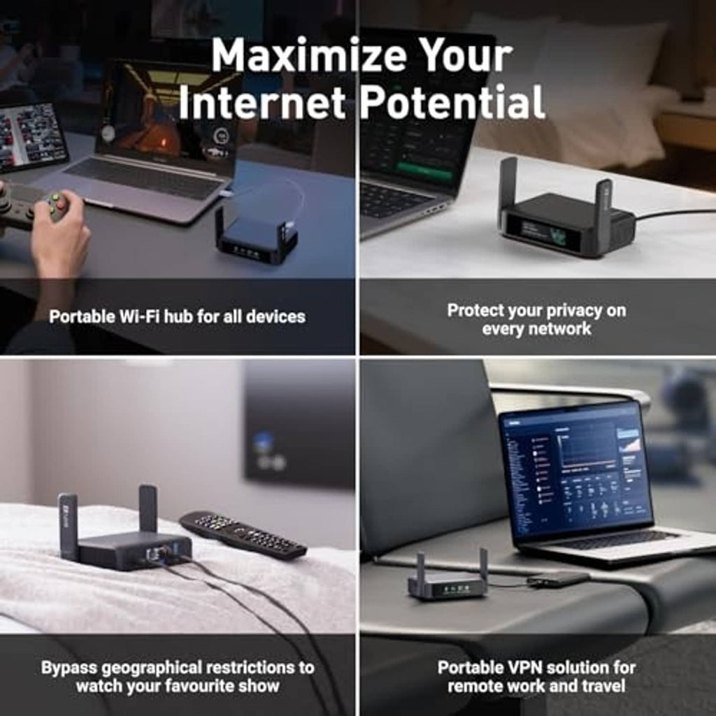 Black portable Wi-Fi router with two antennas on a desk near a laptop