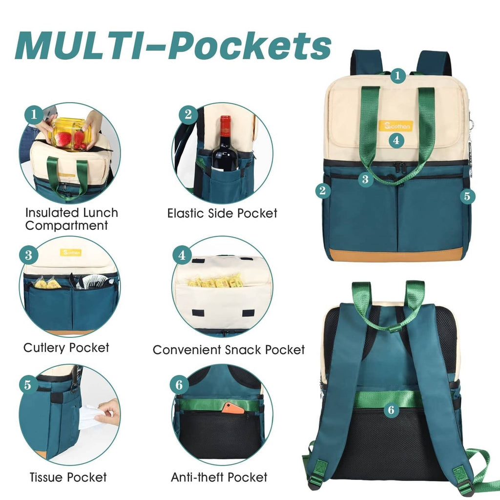 Green and cream insulated backpack cooler with multiple pockets and padded shoulder straps