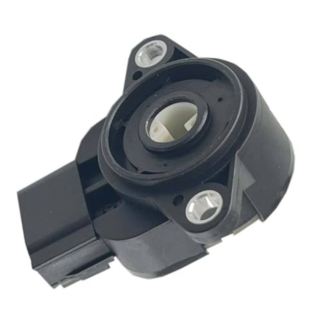Throttle position sensor (TPS) angled view with black plastic body and metal mounting points