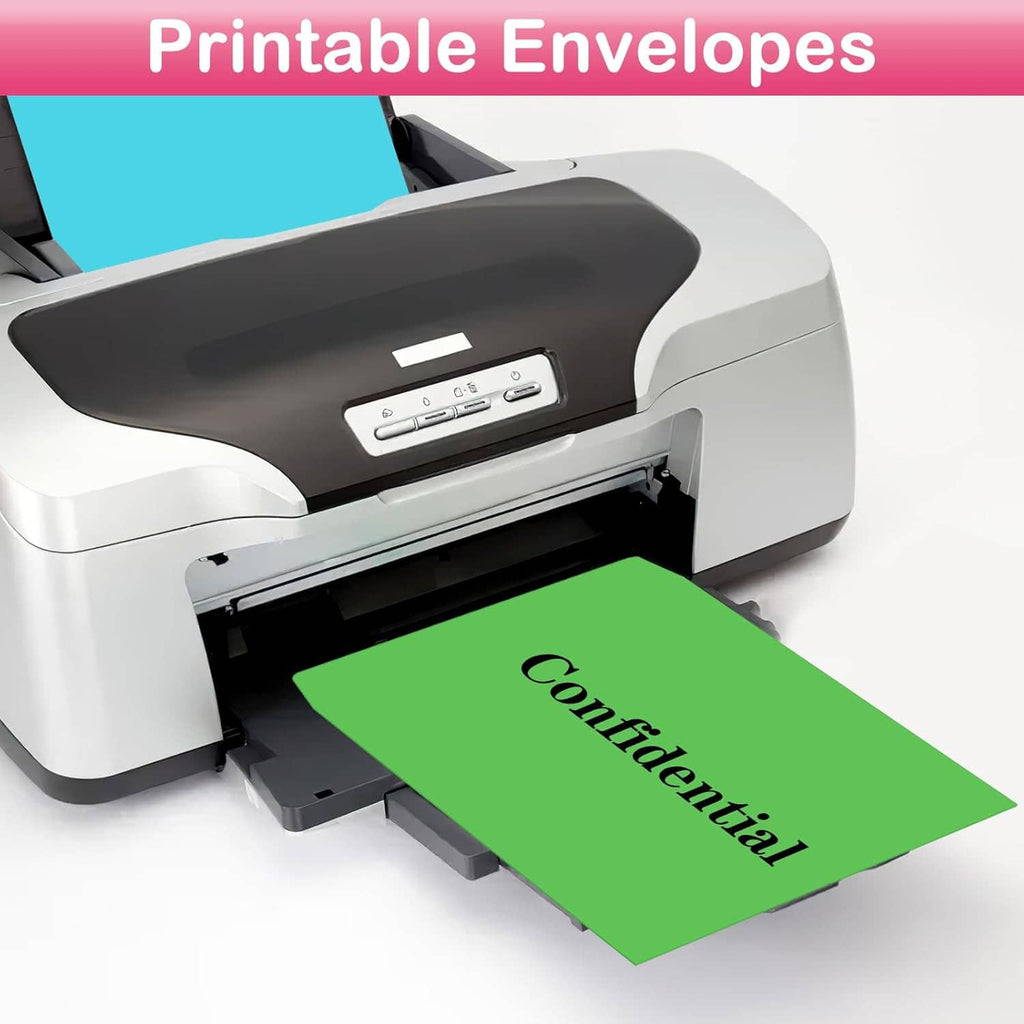 Colored paper envelopes fed into a printer tray
