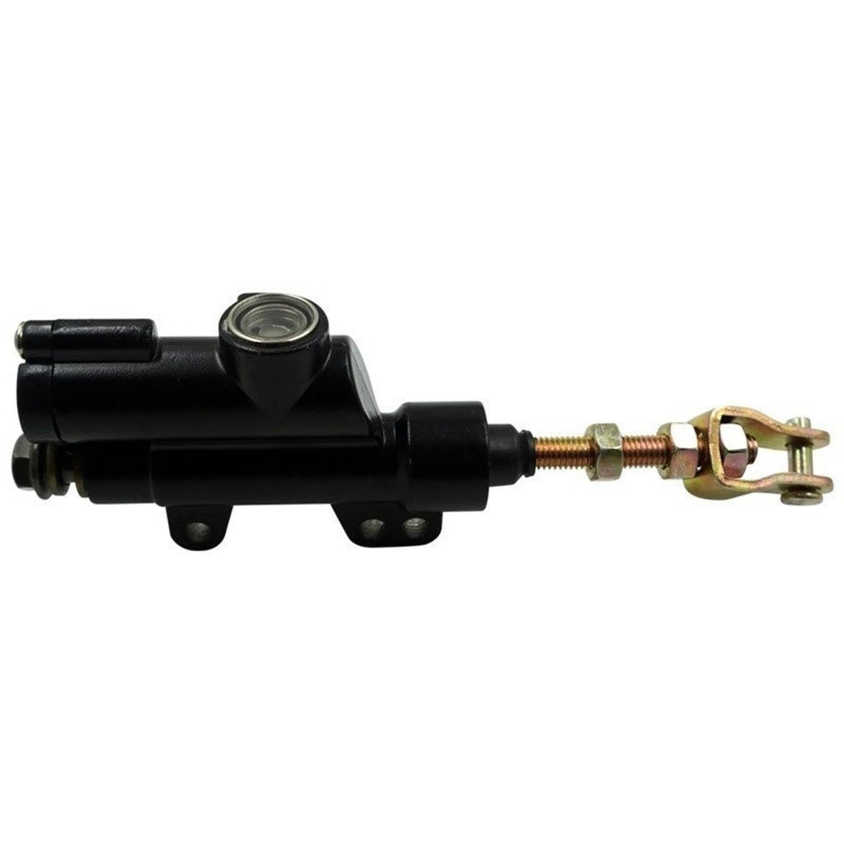 Rear foot brake master cylinder pump, black with gold linkage and mounting bracket
