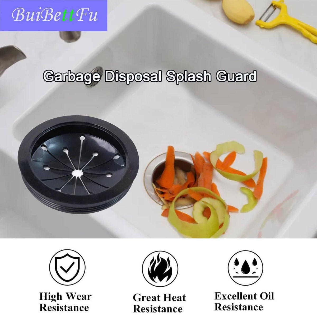 Black garbage disposal splash guard baffle with radial slots and central pin