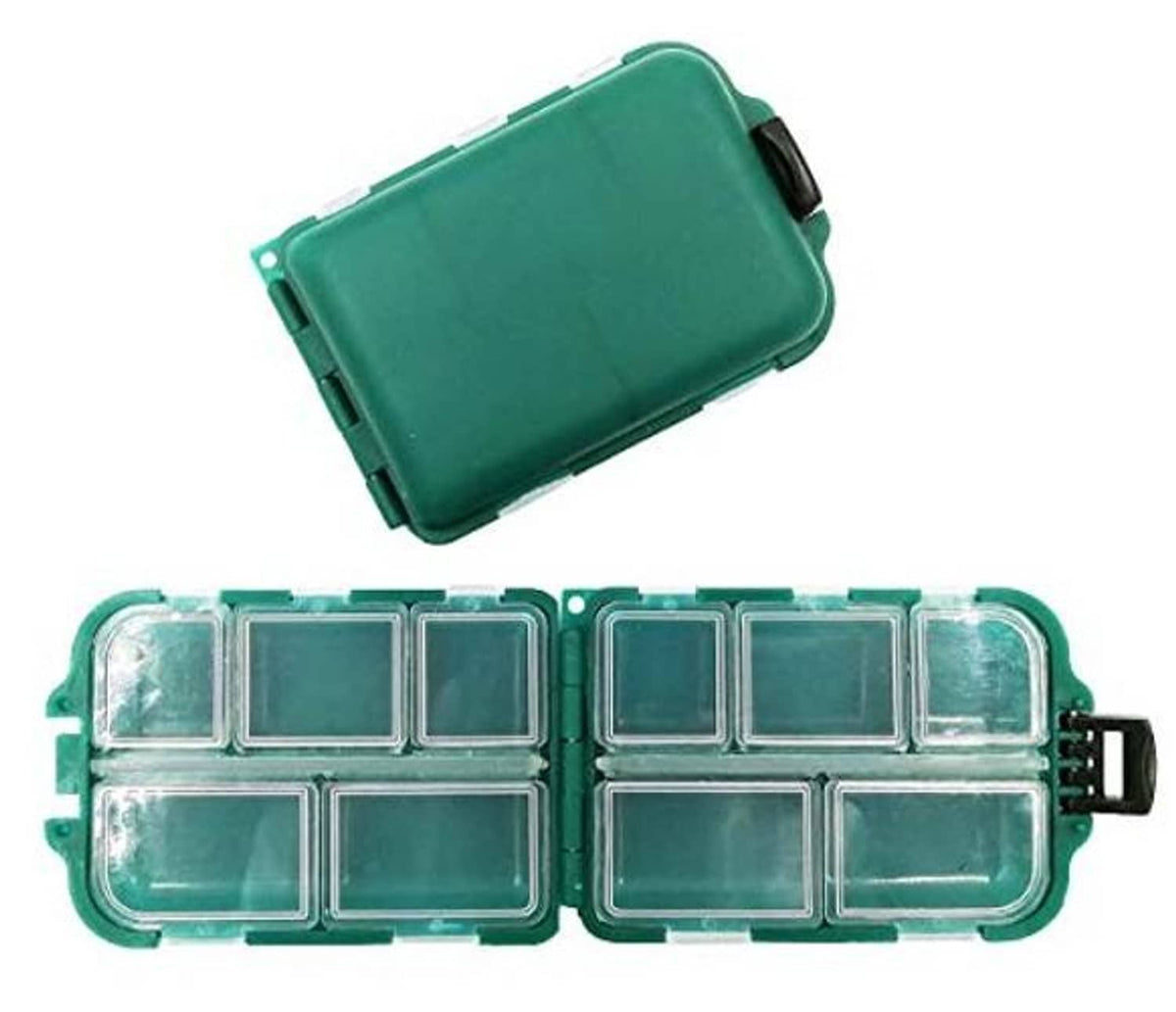 Green tackle box with two-row clear compartments and center divider, hinged lid