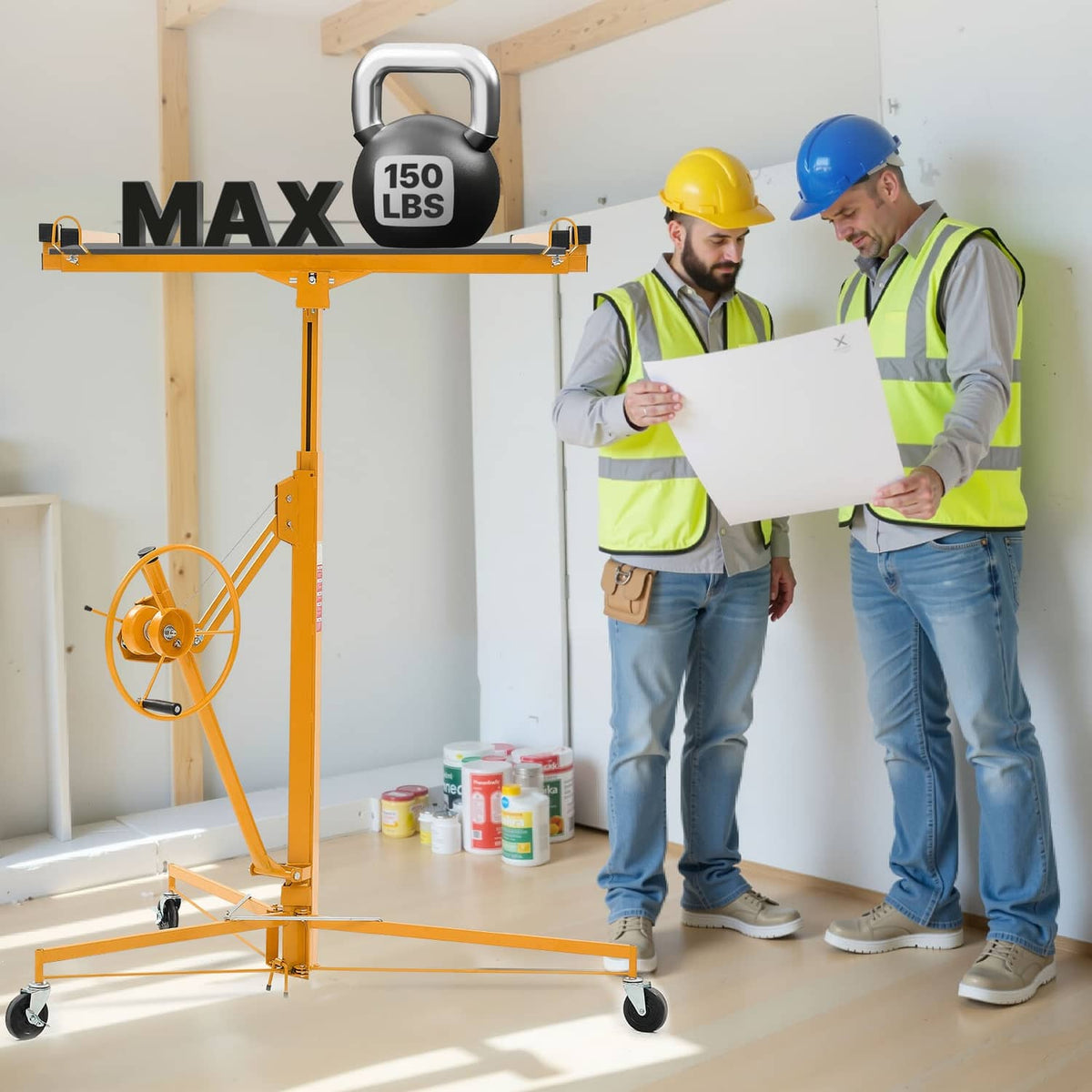 Uimoso drywall lifter with 150 lb marked capacity bar, winch, and caster wheels