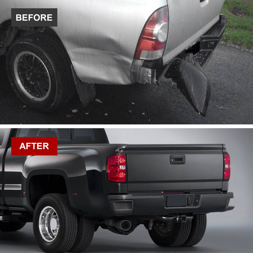 Black rear step bumper replacing stock bumper, with central receiver opening
