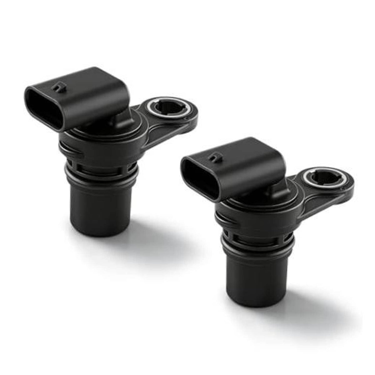 Black camshaft position sensor with electrical connector and mounting flange