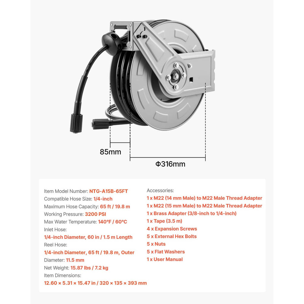 Retractable pressure washer hose reel front view with mounting bracket and hose inlet