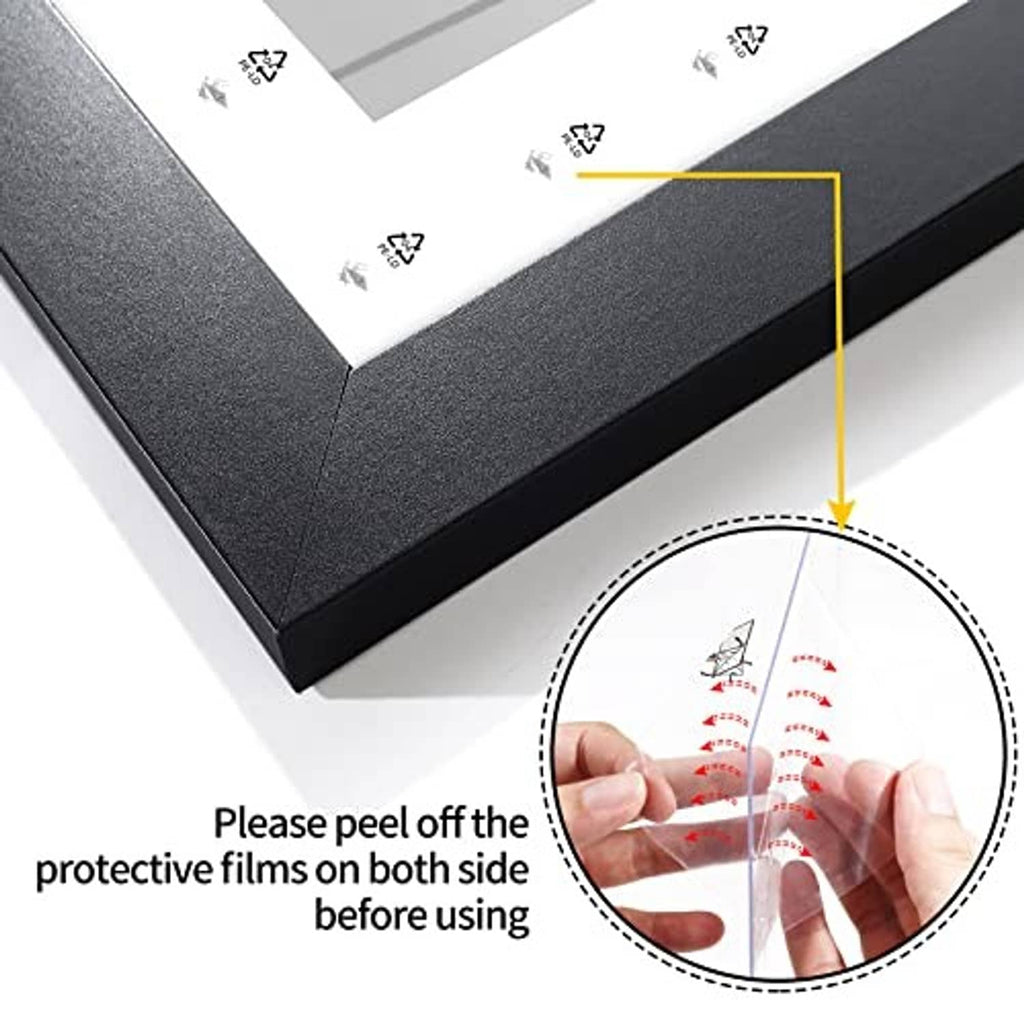 Black picture frame corner with textured finish; peel protective films from both sides.