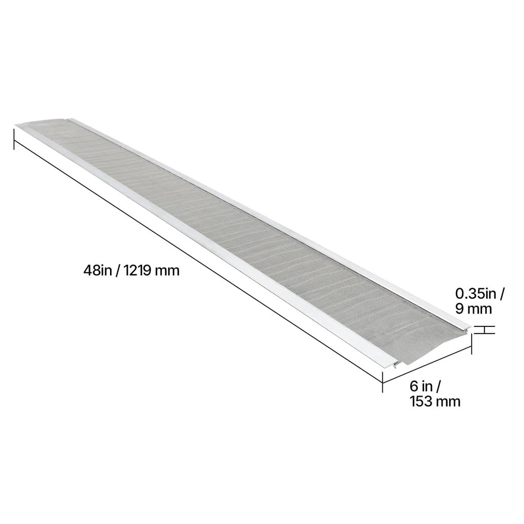 Gray aluminum gutter cover with steel mesh, 6 in wide rectangular panel
