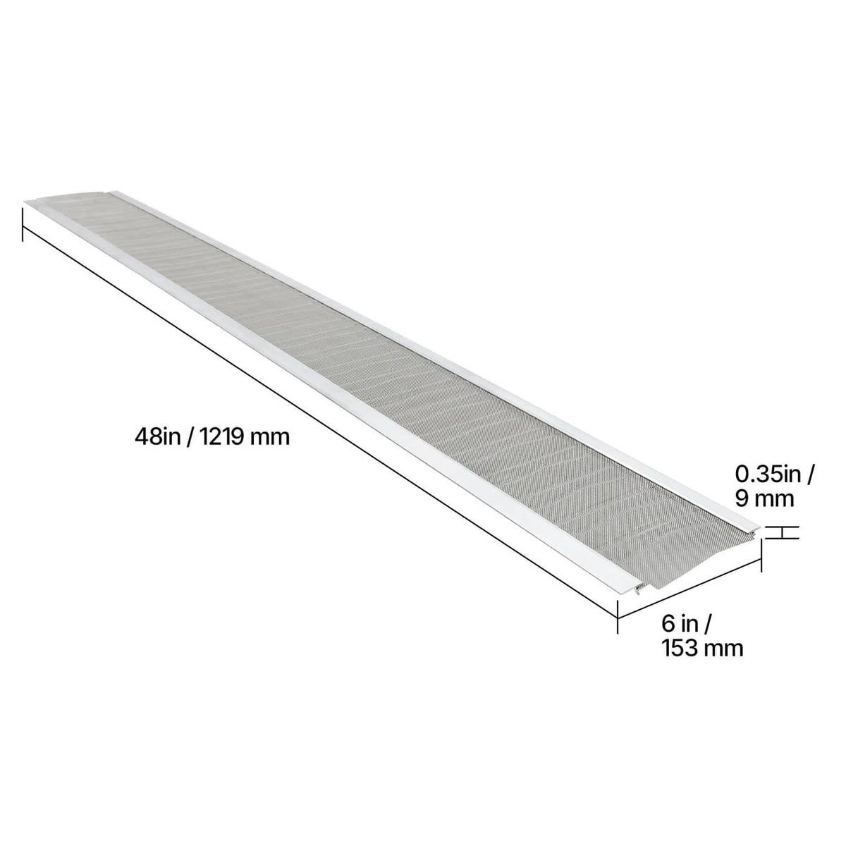 Gray aluminum gutter cover with steel mesh, 6 in wide rectangular panel
