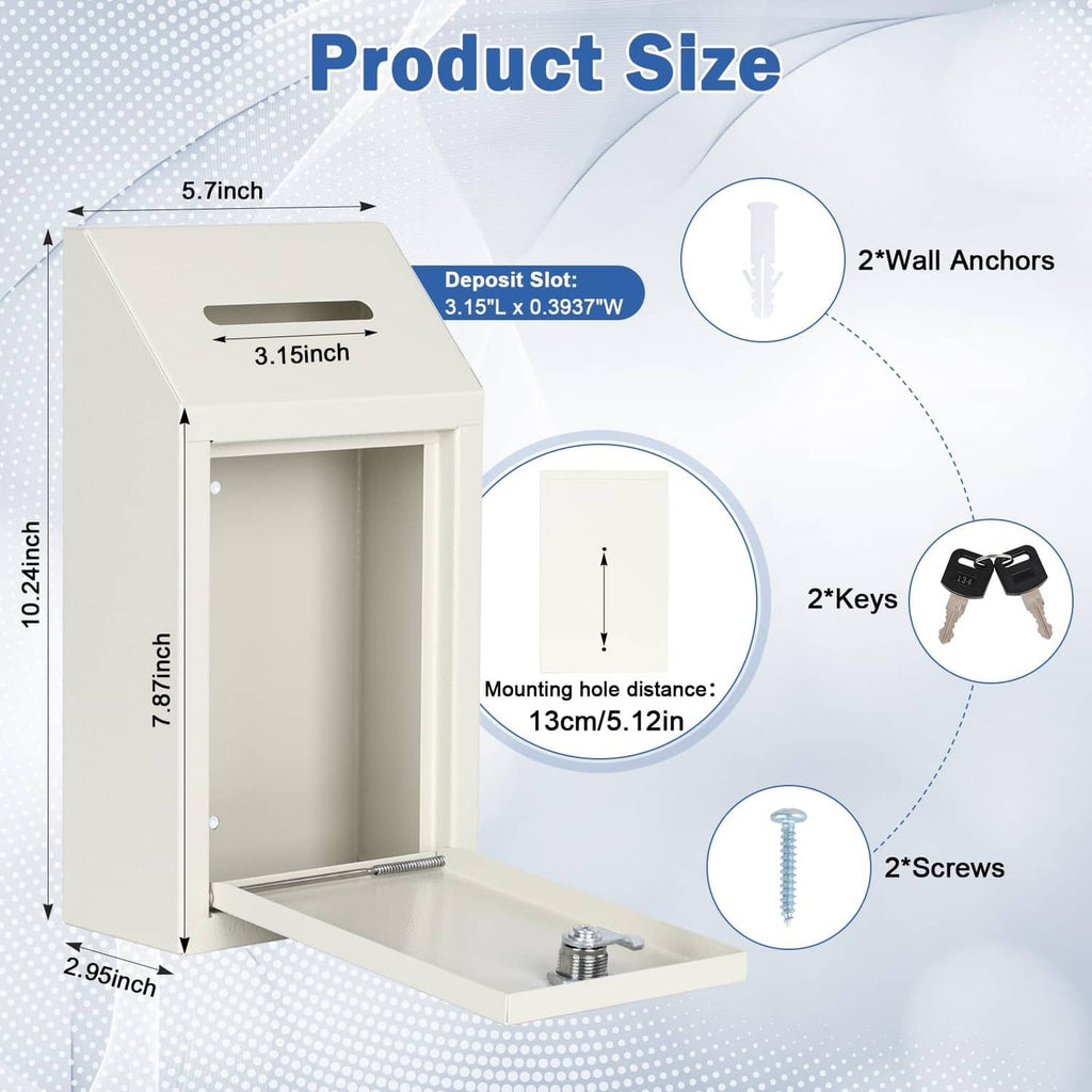 White metal cash drop box open view with lock, deposit slot, and mounting hardware