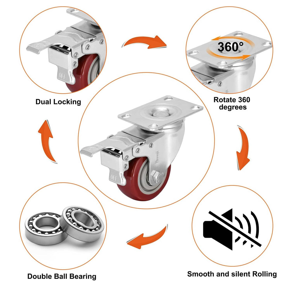 Swivel caster with dual lock design, 360° rotation, and ball bearing wheel