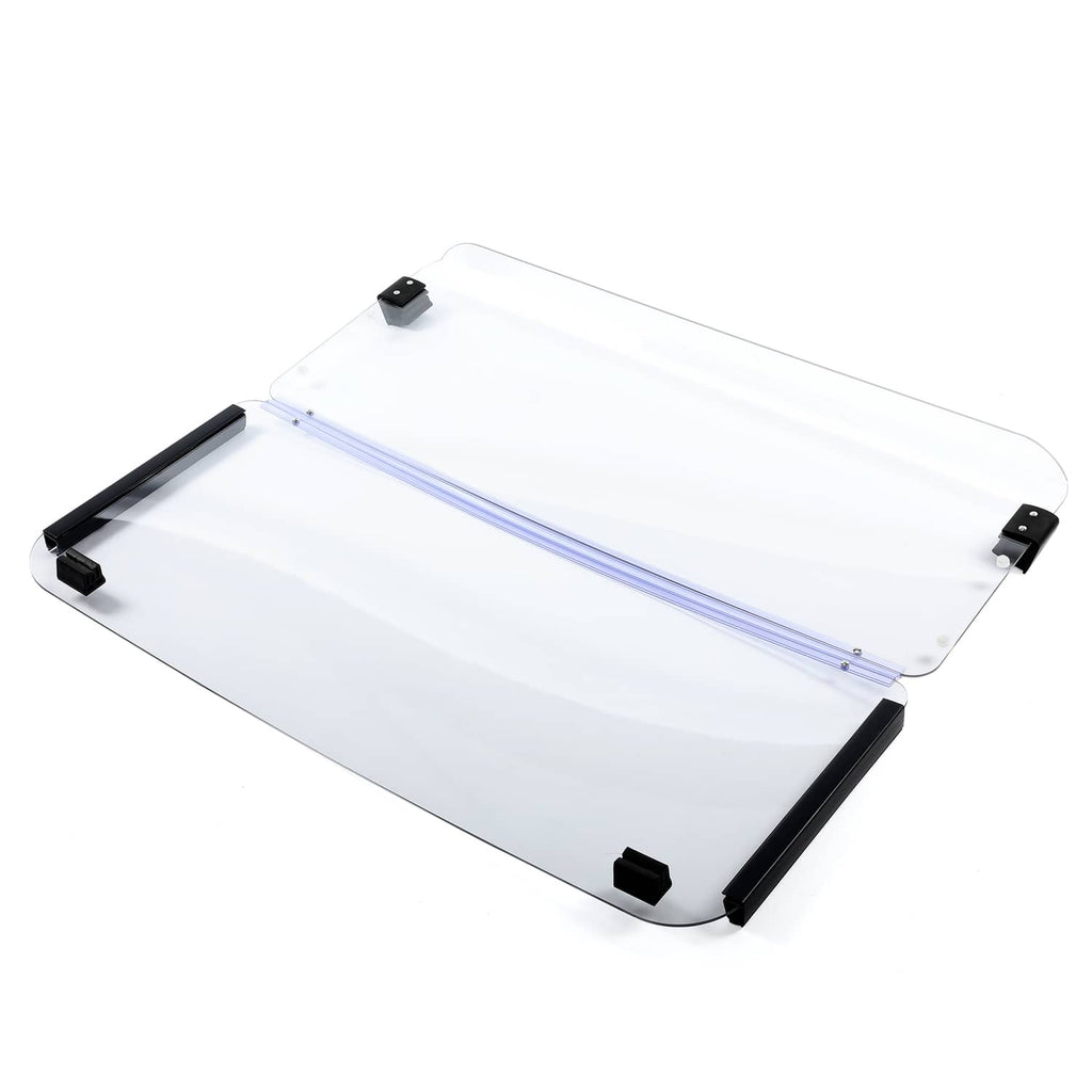Clear folding windshield with black support bars and corner mounting points