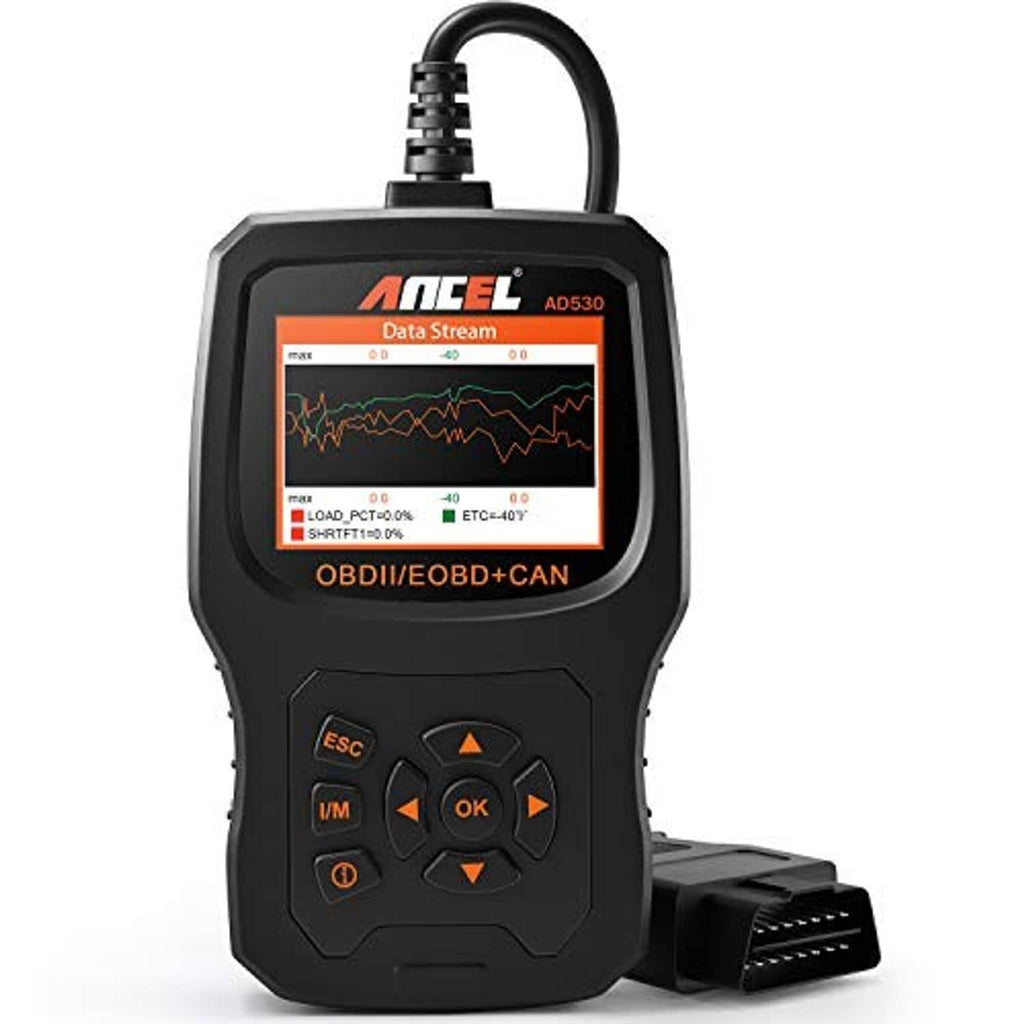 Handheld OBD2 scanner with Data Stream display and multiple control buttons, front view