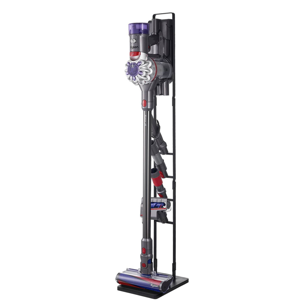 Upright cordless vacuum on black stand with side hooks and flat base